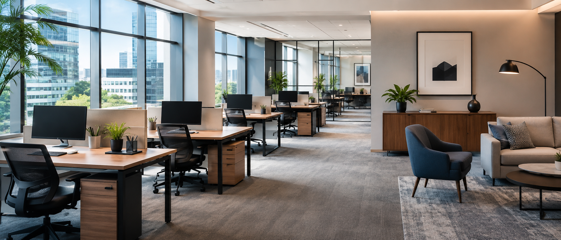 Modern office space with large windows, row of desks with computer monitors, black office chairs, green plants, and a separate seating area with a beige sofa and blue armchair, wooden sideboard with plants and artwork.