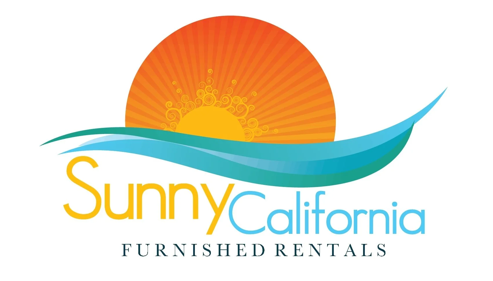Sunny California Furnished Rentals logo featuring a stylized sun with swirling details, a blue wave, and the text 'Sunny California Furnished Rentals'.
