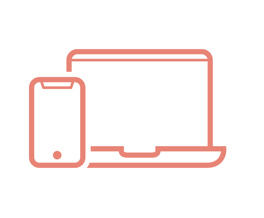 Outline icon of a smartphone, laptop, and tablet in rose gold color.