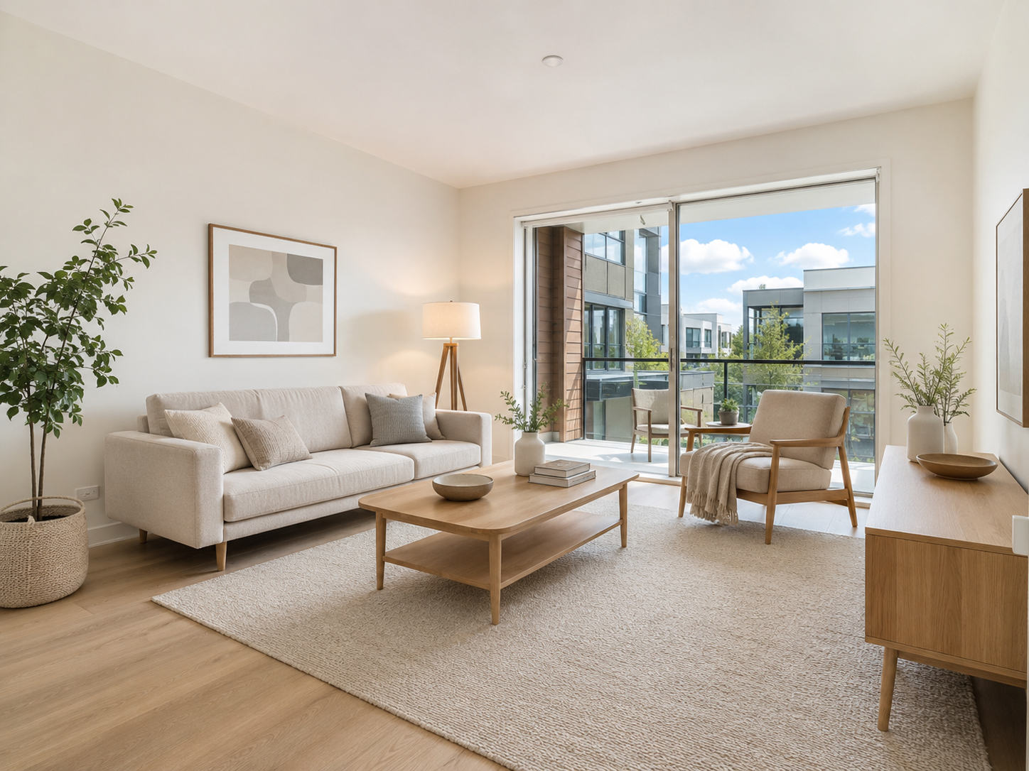 Bright living room with neutral tones, a white sofa adorned with beige and gray pillows, a wooden coffee table with decorative bowls and books, a beige armchair with a throw and side table on a balcony, large sliding glass door showing modern buildings with glass facades and blue sky with clouds.