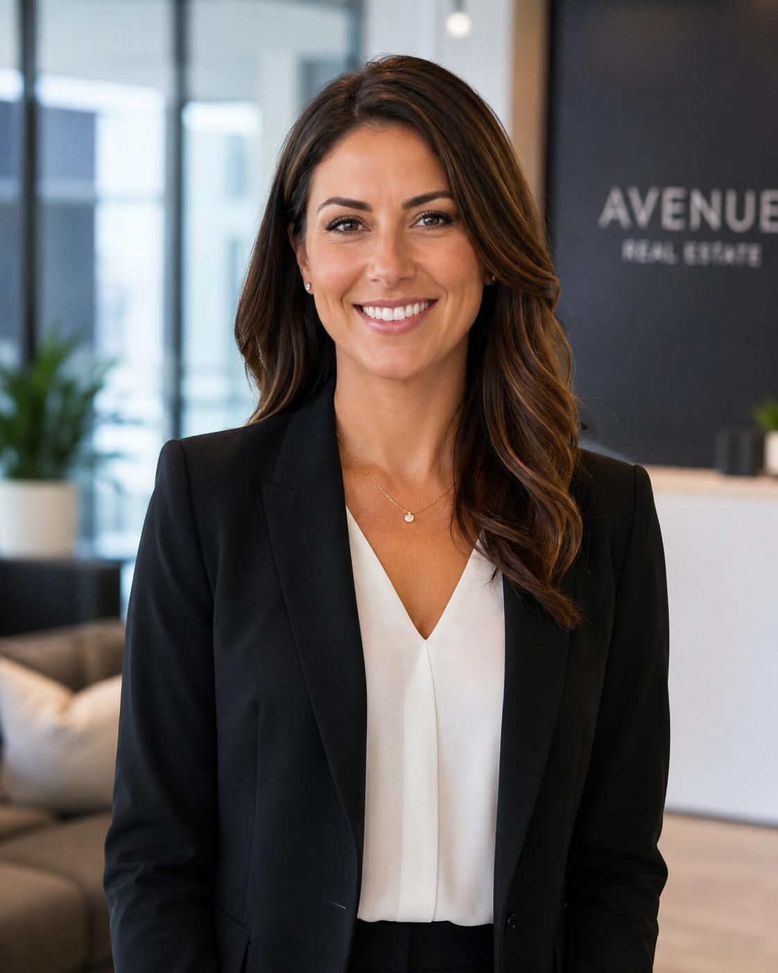 A smiling woman with long brown hair, wearing a black blazer and a white blouse, standing in an office environment with a sign that reads "AVENUE REAL ESTATE" in the background.
