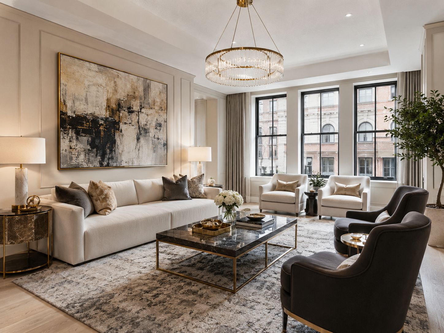 A modern, elegant living room with a white sofa, black and white armchairs, a marble coffee table, large windows, and artwork on the wall, with a chandelier hanging from the ceiling.