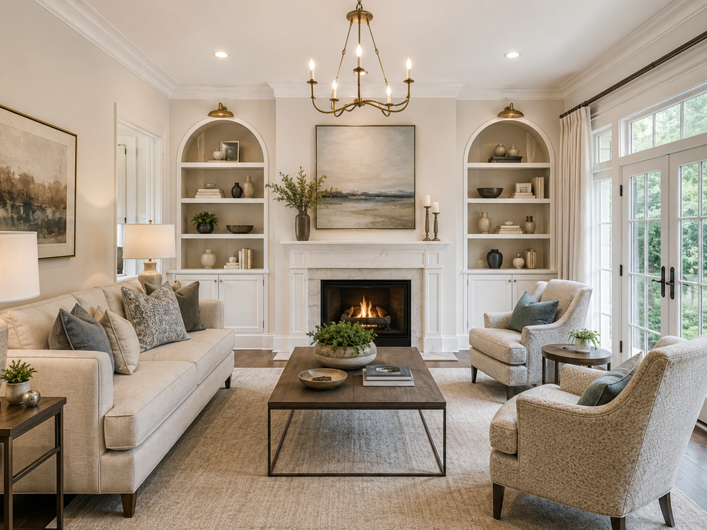 Cozy living room with a white fireplace, beige sofa, two armchairs, wooden coffee table, built-in shelves, and large windows