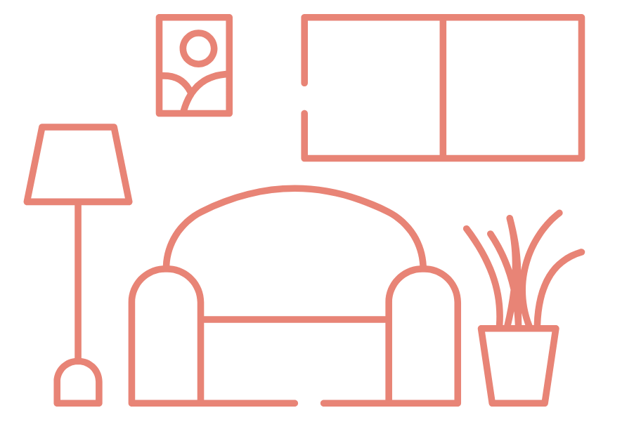 Outline drawing of a living room with a sofa, floor lamp, wall art, window, and potted plant.