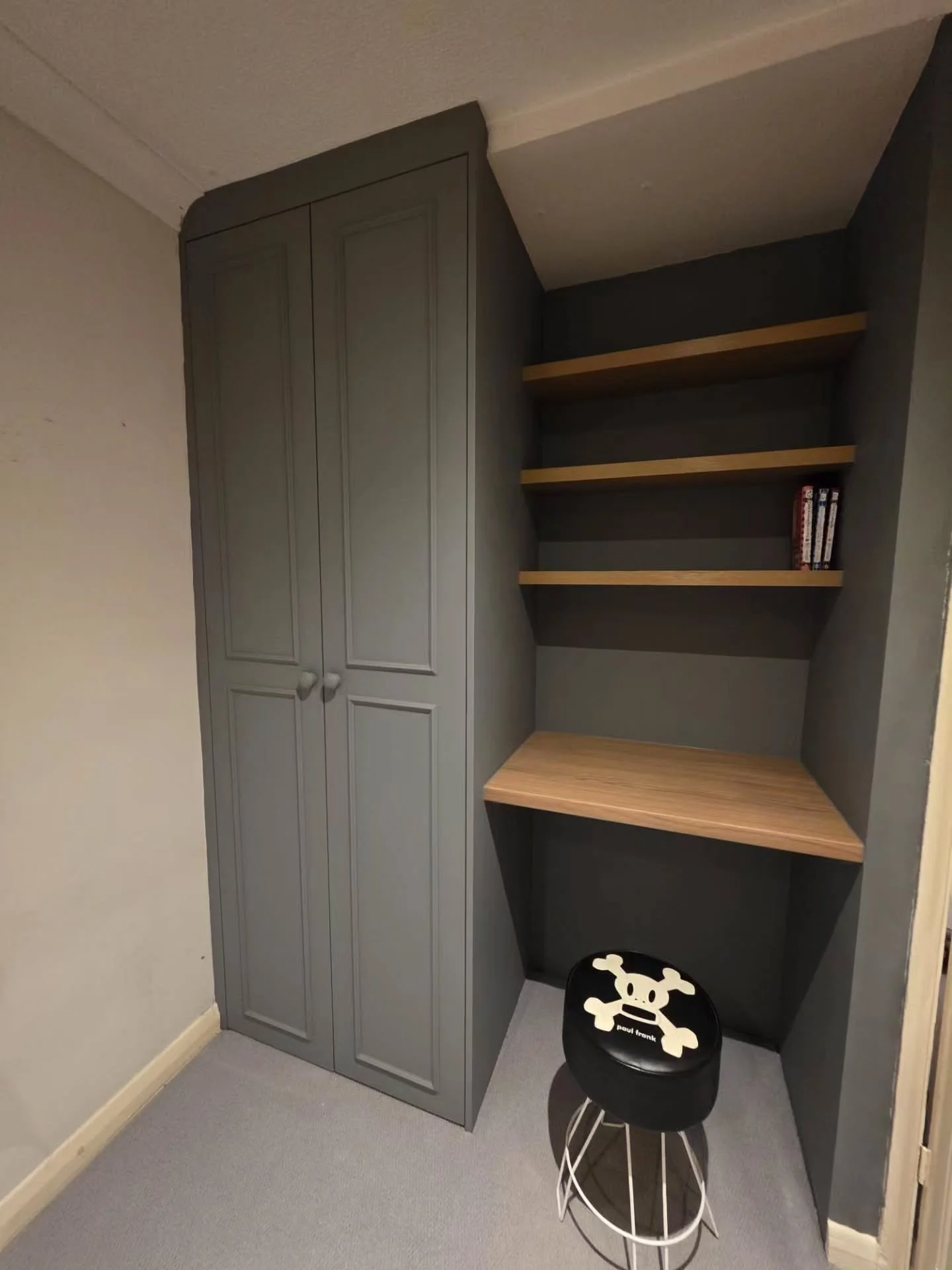 Slate &amp; Oak. 🌑🪵
​Maximize every square inch. We handled everything on this one&mdash;from the initial framework to the final coat of paint.
​DM for a quote on your next project.
​#Woodworking #BespokeFurniture #OfficeInspo #PainterAndDecorator 