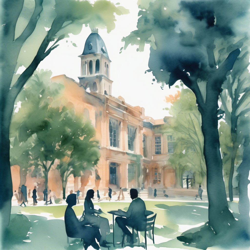 A watercolor illustration of a university campus with a historic building, trees, and students sitting at a table, with other students walking in the background.