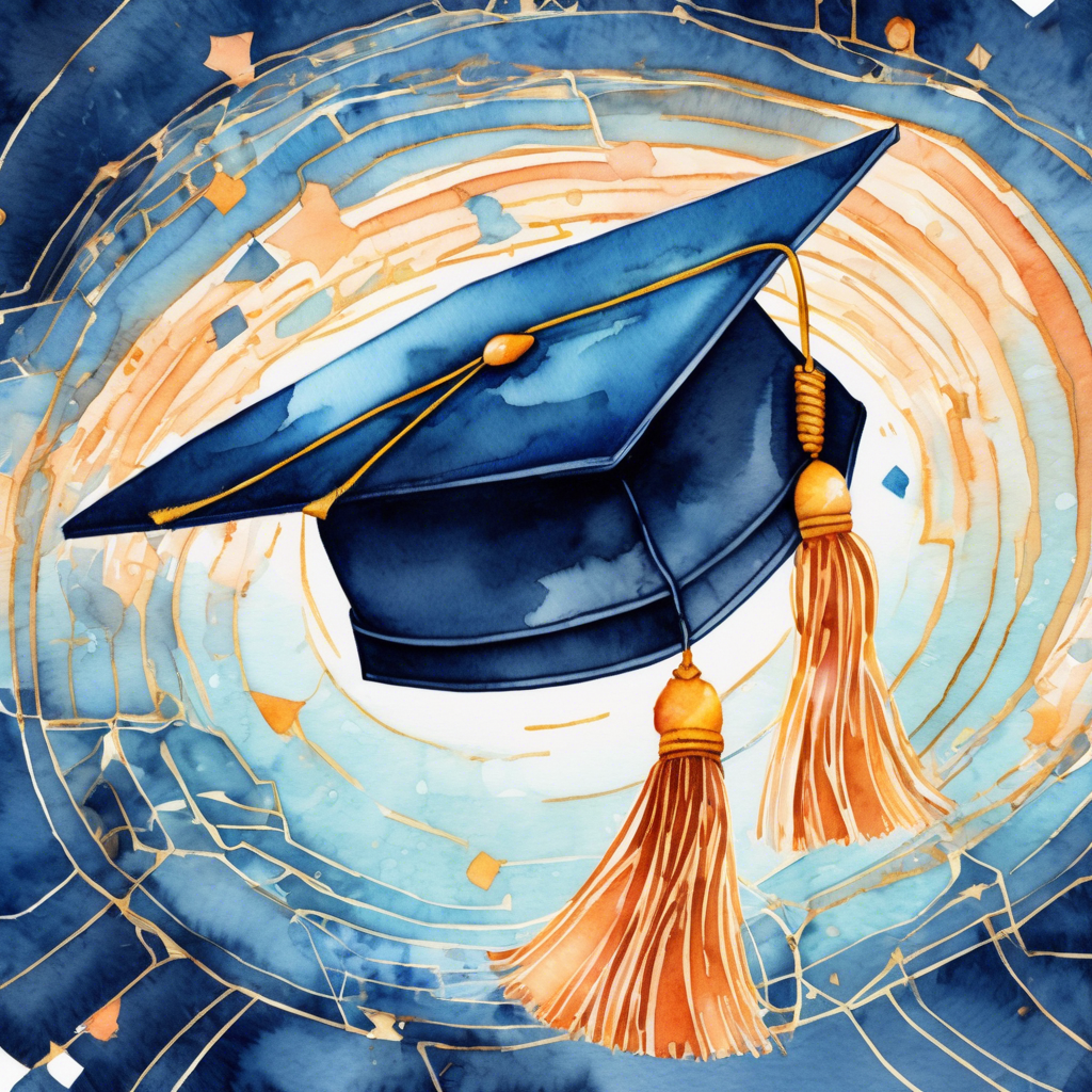 A watercolor illustration of a graduation cap with golden tassels, set against a background of swirling gold and blue patterns.