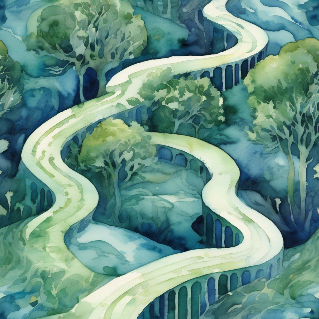 Watercolor painting of a winding bridge over a lush green landscape with trees, hills, and cliffs.