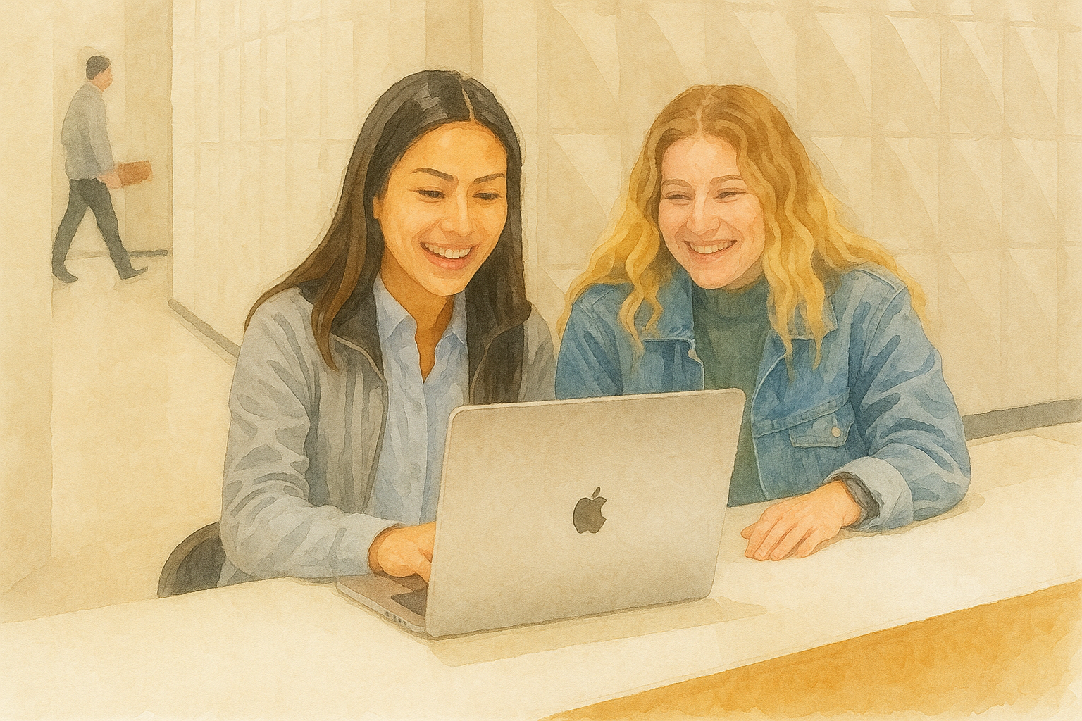 Two women sitting at a table, smiling and looking at a laptop screen in a bright, modern space. One woman has dark hair and the other has blonde hair. A man walks in the background.