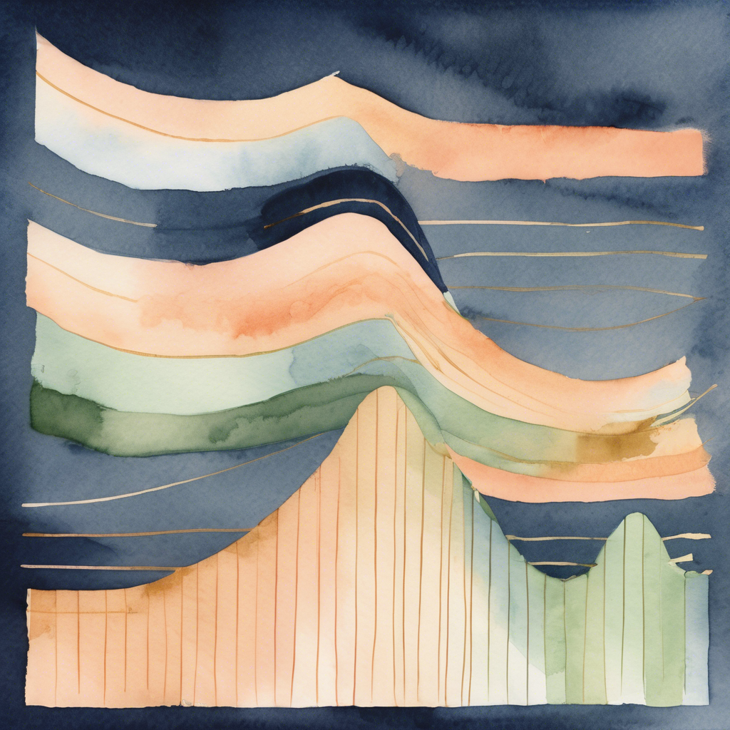 Abstract watercolor painting with curved horizontal stripes in shades of blue, peach, green, and beige, featuring fine gold lines and a layered, textured appearance.