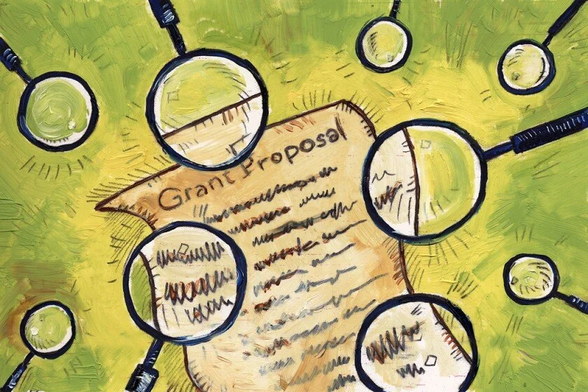 A document titled 'Grant Proposal' with magnifying glasses focusing on different sections, set against a green background.