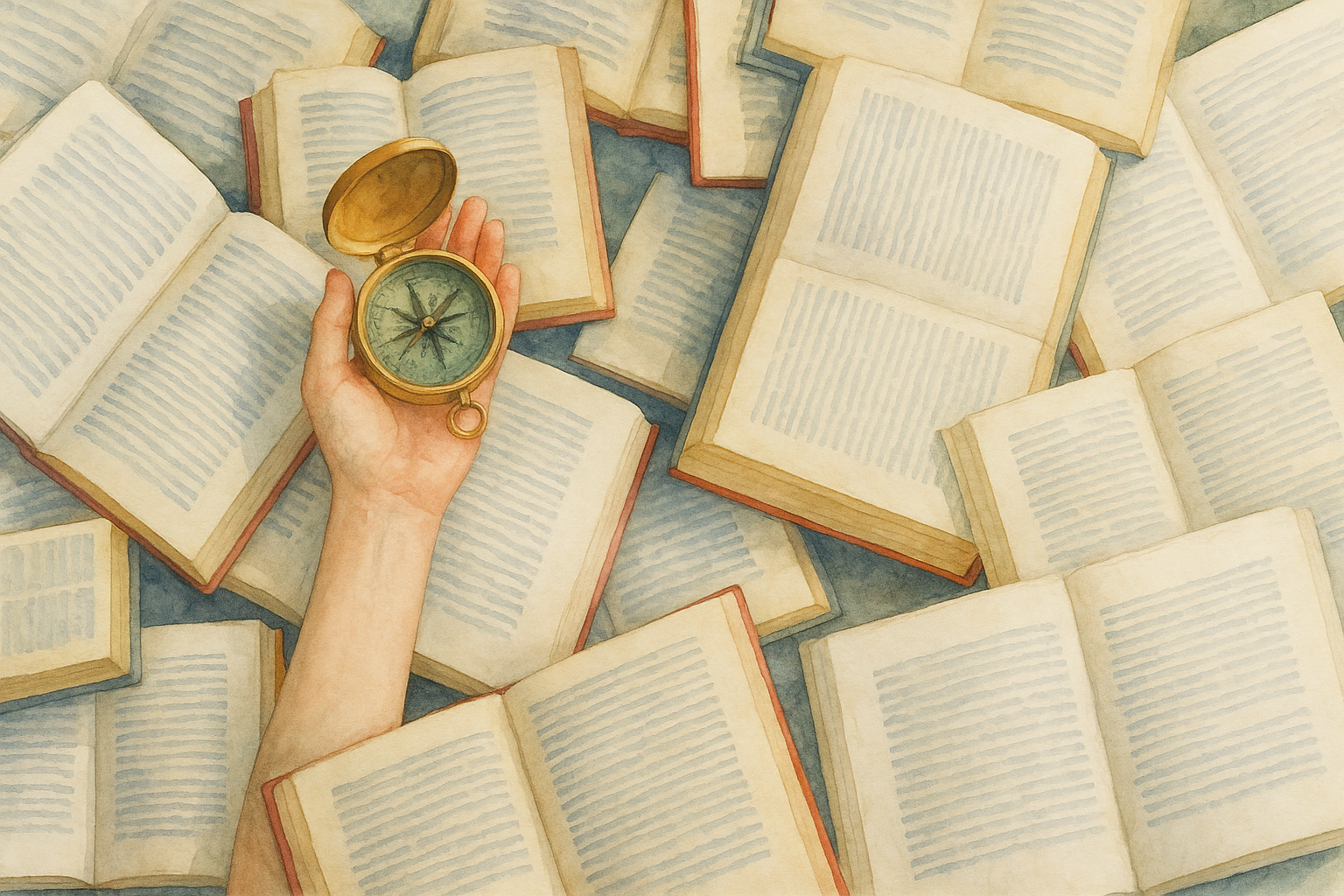 A hand holding a compass over multiple open books scattered on a surface.