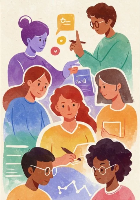 Illustration of five diverse women engaged in a discussion or meeting, with icons of communication, charts, and data around them.