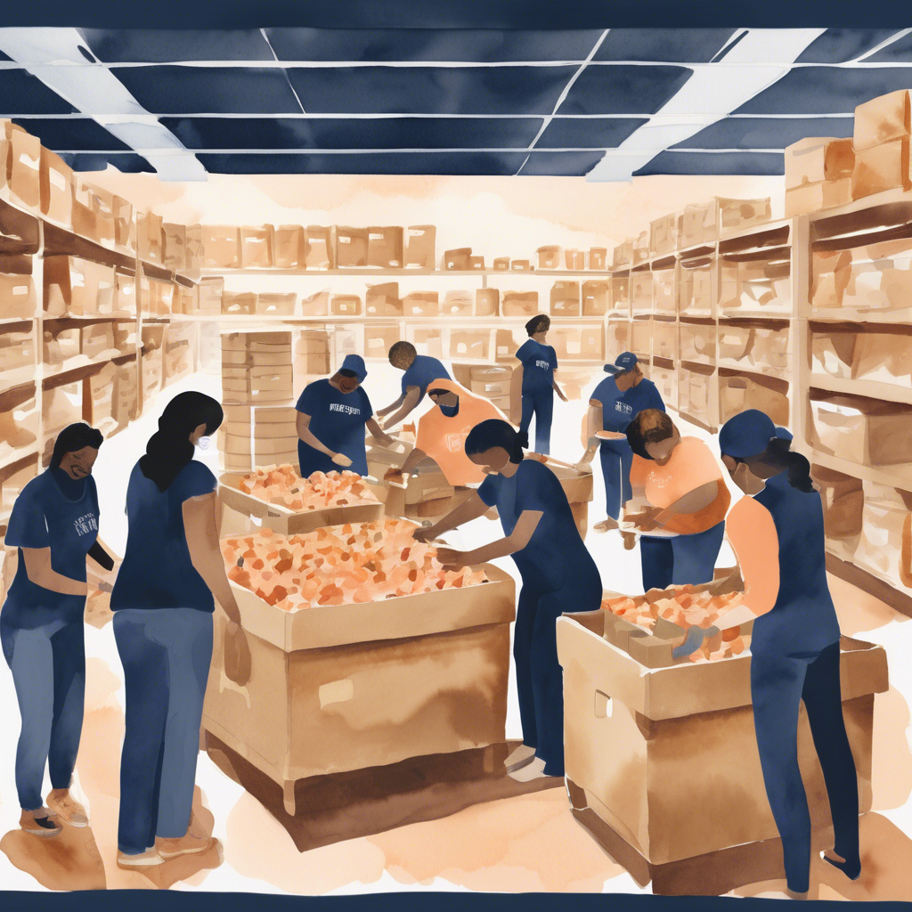 People working in a warehouse sorting orange items into boxes, surrounded by shelves filled with boxes.