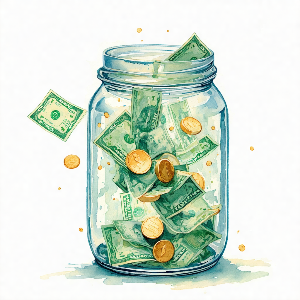 A glass jar filled with floating US dollar bills and coins, with some bills and coins spilling outside the jar.