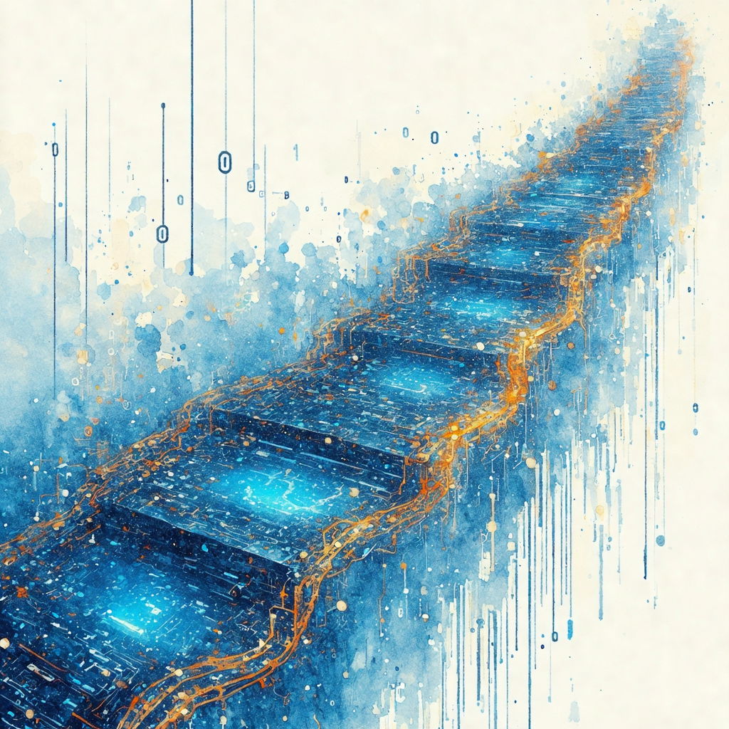 Abstract digital artwork depicting a futuristic blue staircase with glowing edges, surrounded by digital code and data elements.