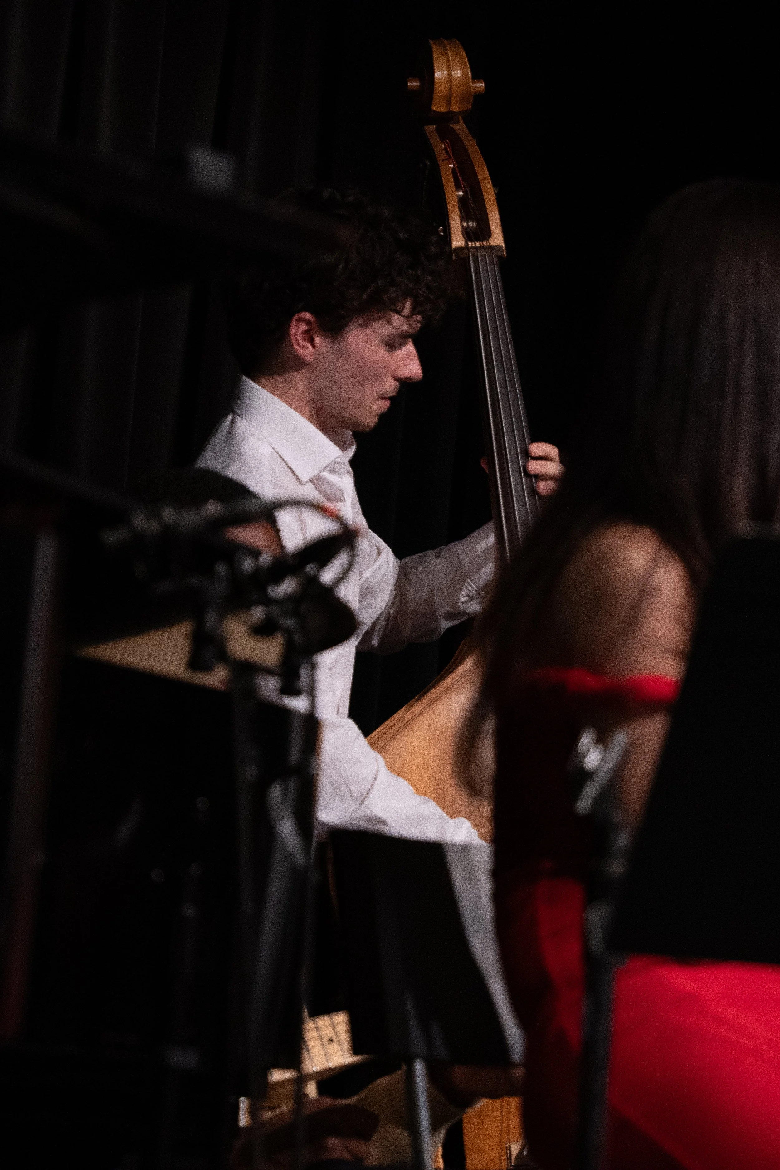 Musician playing upright bass on stage with black background.