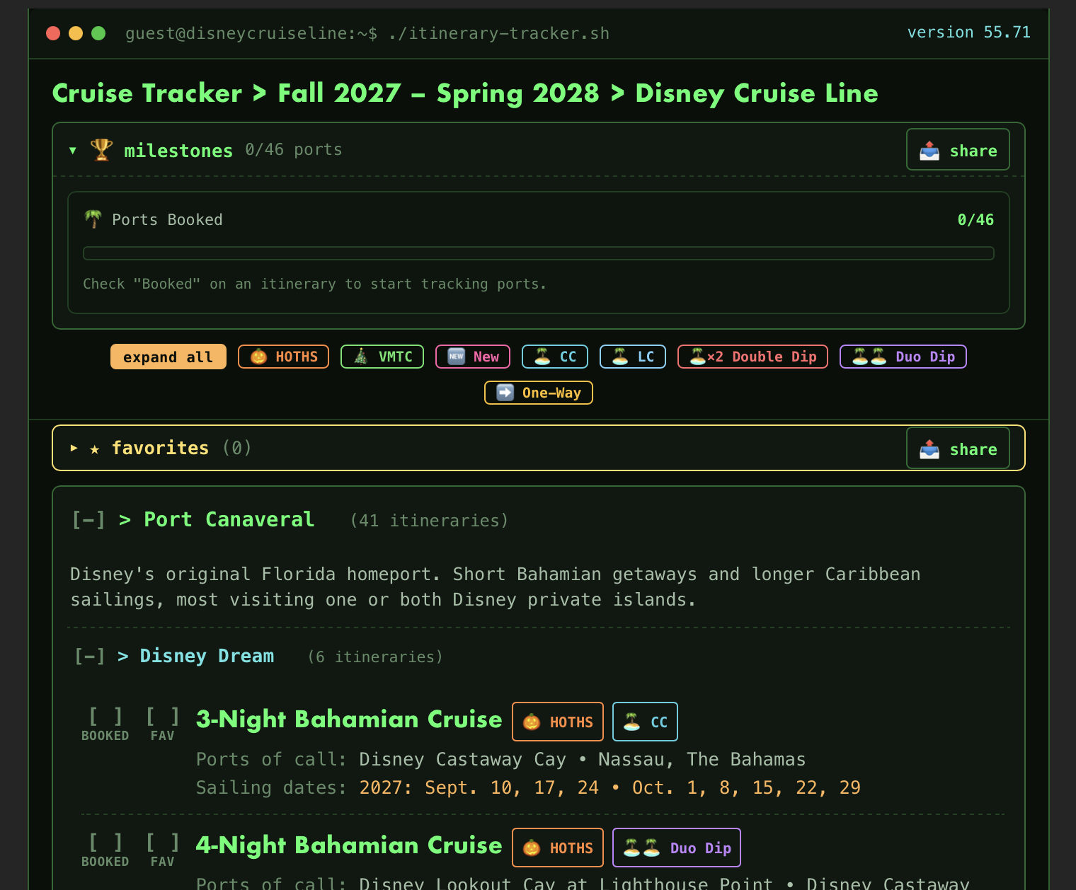 Disney Cruise Line itinerary tracker fall 2027 spring 2028