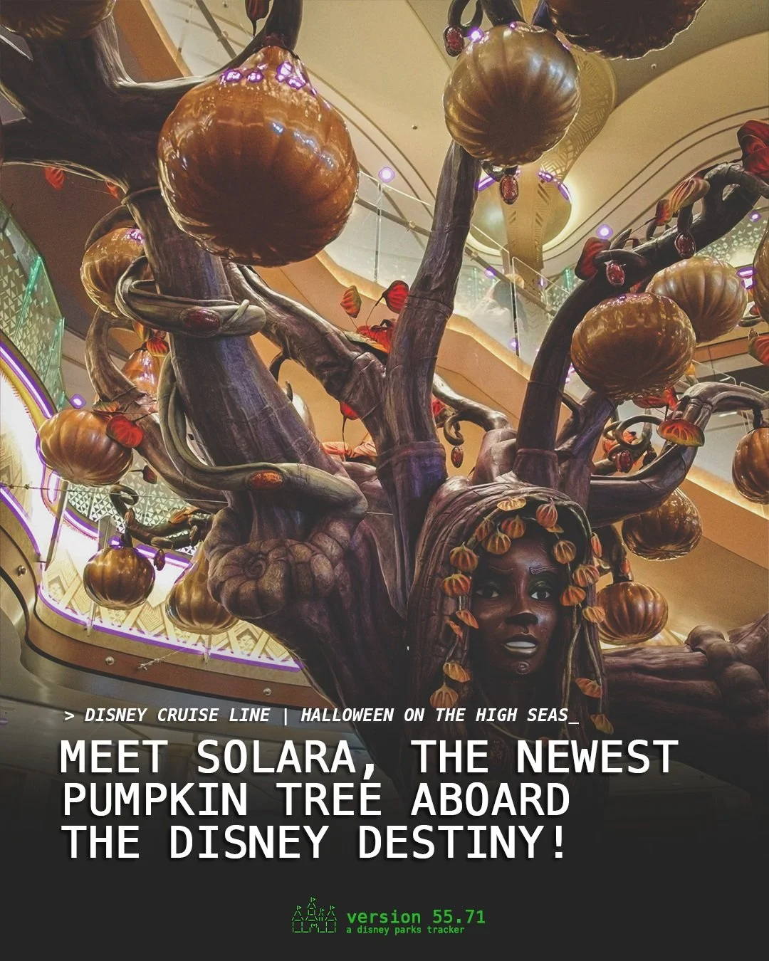 Say hello to Solara. 🎃 The #DisneyDestiny's brand new pumpkin tree lit up in the Grand Hall ahead of the ship's first ever #Halloween on the High Seas sailing, and she's a full production, synced lighting, surround sound! This one's posted over in t