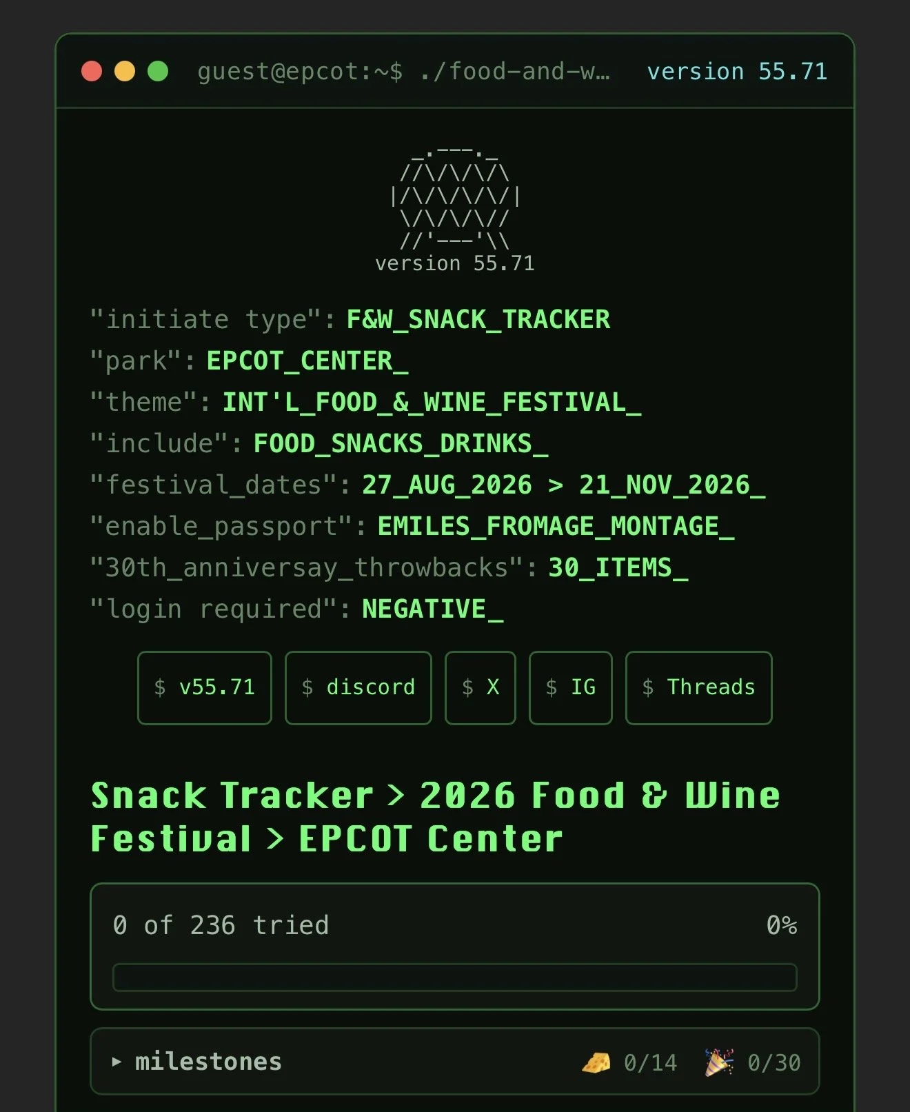screenshot of the EPCOT Food & Wine Festival Snack Tracker
