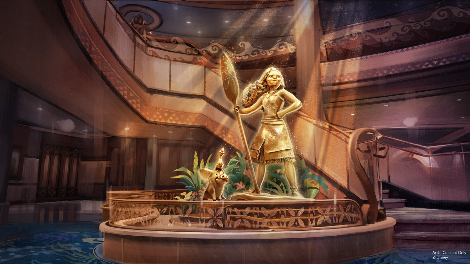 Bronze statue of Moana, pua, and Heiehi in the Grand Hall of the Disney Believe