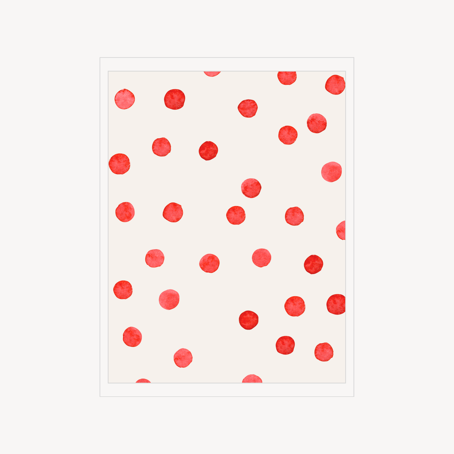 Minimal pattern print with scattered hand-painted red dots on a soft white background.
