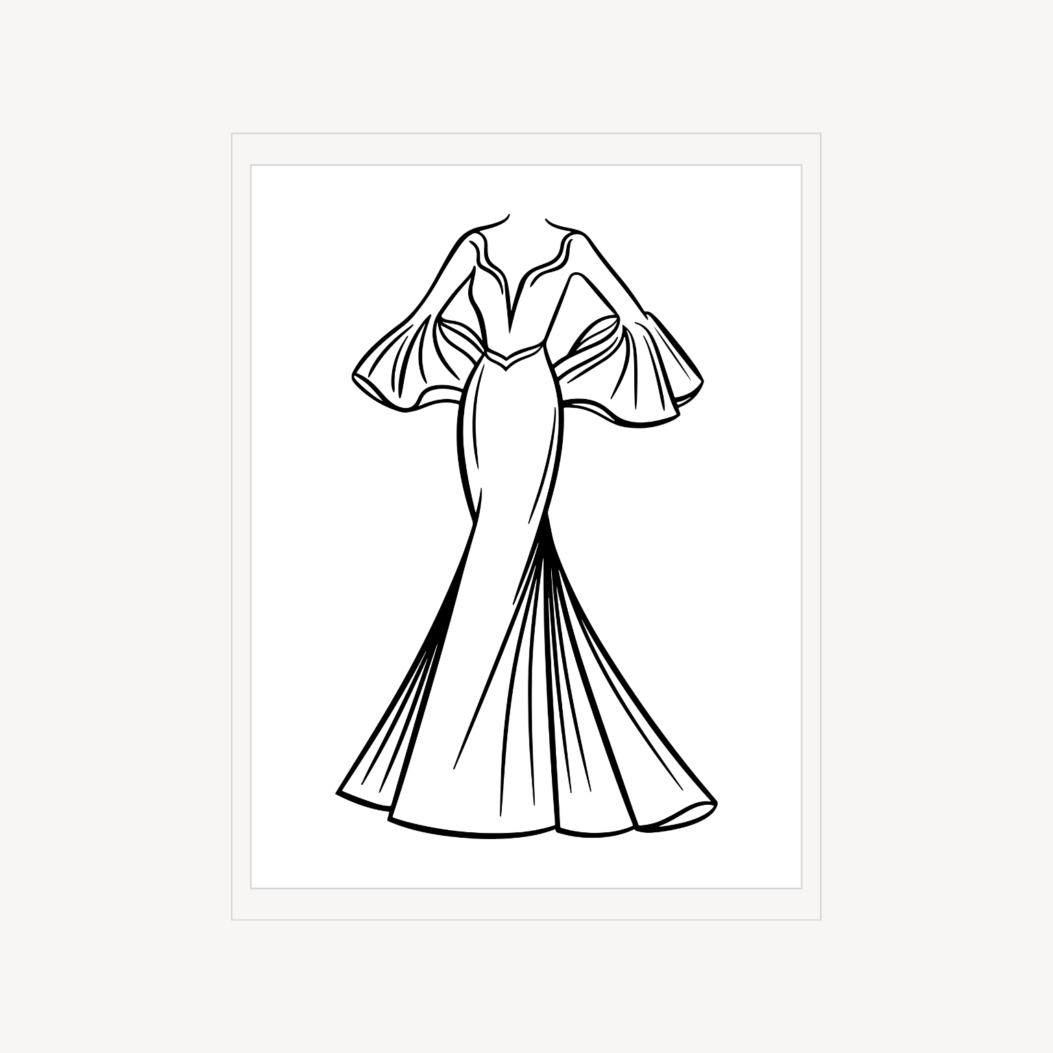 Minimal editorial print of a long elegant dress drawn in black line art on a white background.