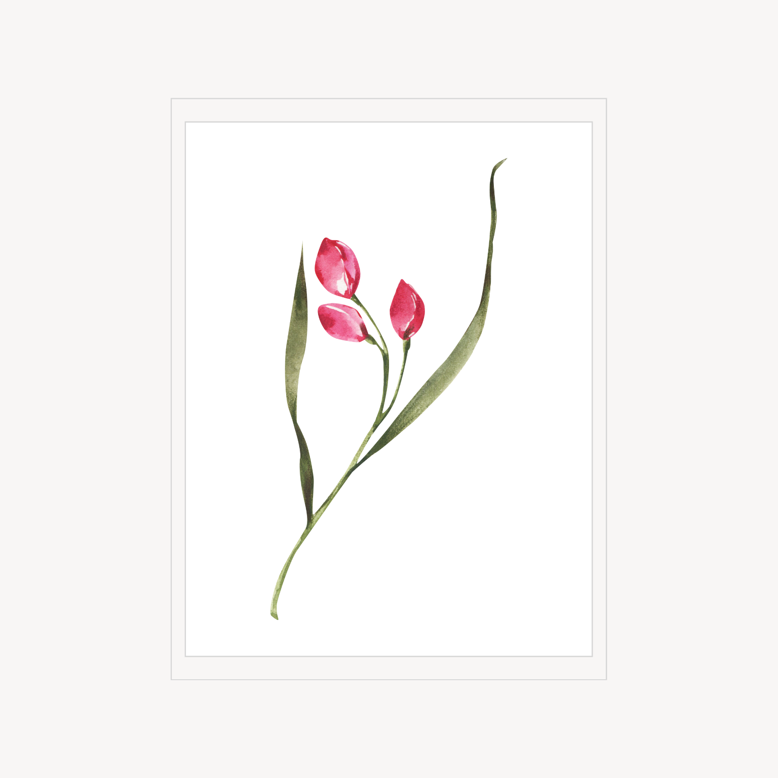 Minimal botanical print featuring three small pink blossoms on slender green stems.