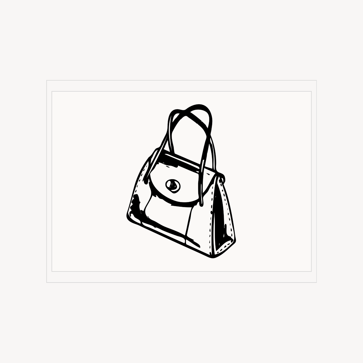Minimal editorial print of a structured handbag, drawn in black line art on a white background.