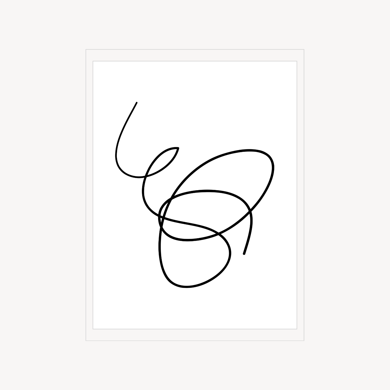 Minimal abstract print with a looping black line drawing on a white background.