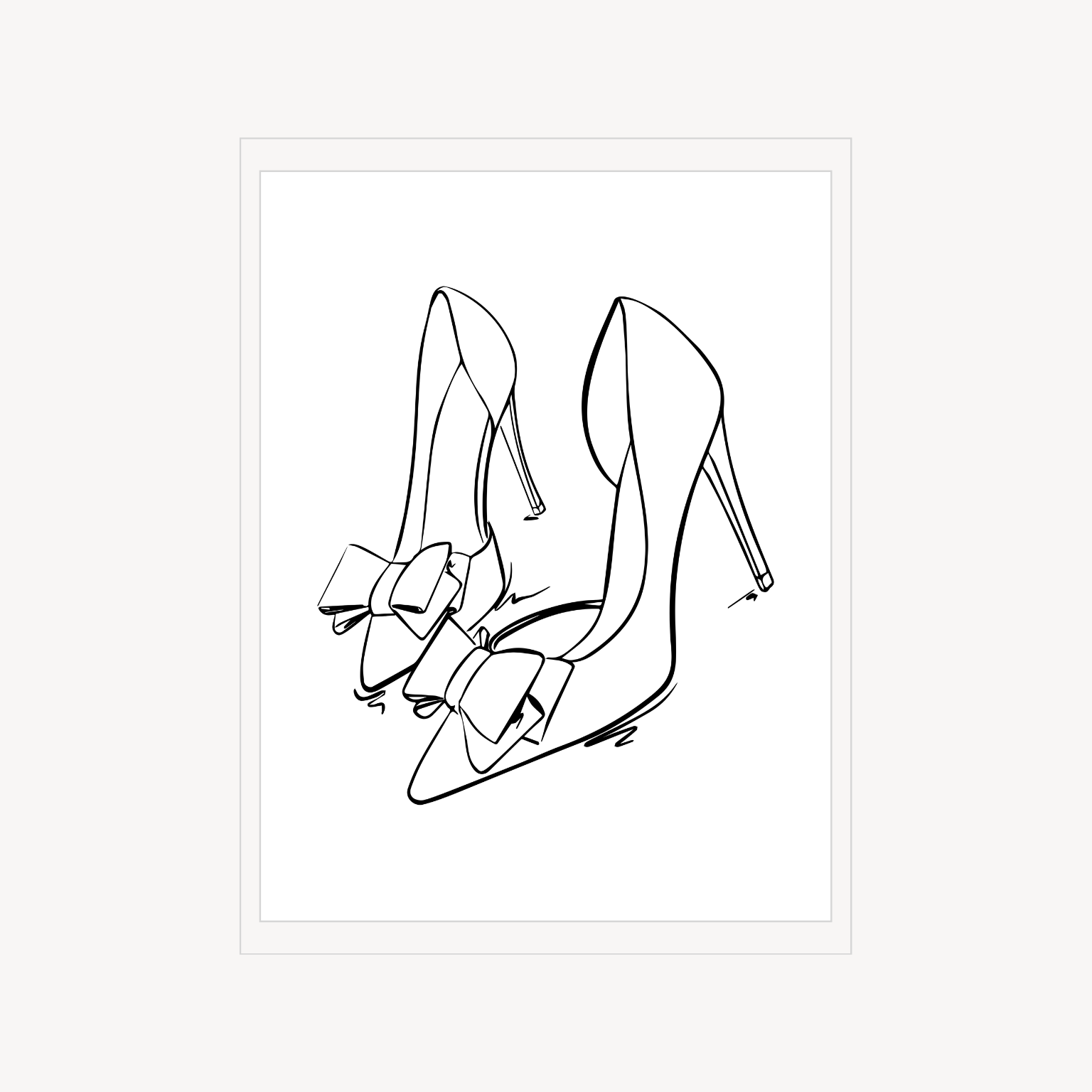 Minimal editorial print of pointed high heels with oversized bows, drawn in black line art on a white background.