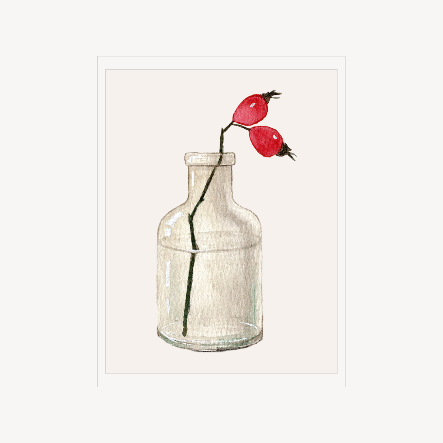 Minimal illustration print of a clear glass bottle holding two bright red berries on a slender stem.