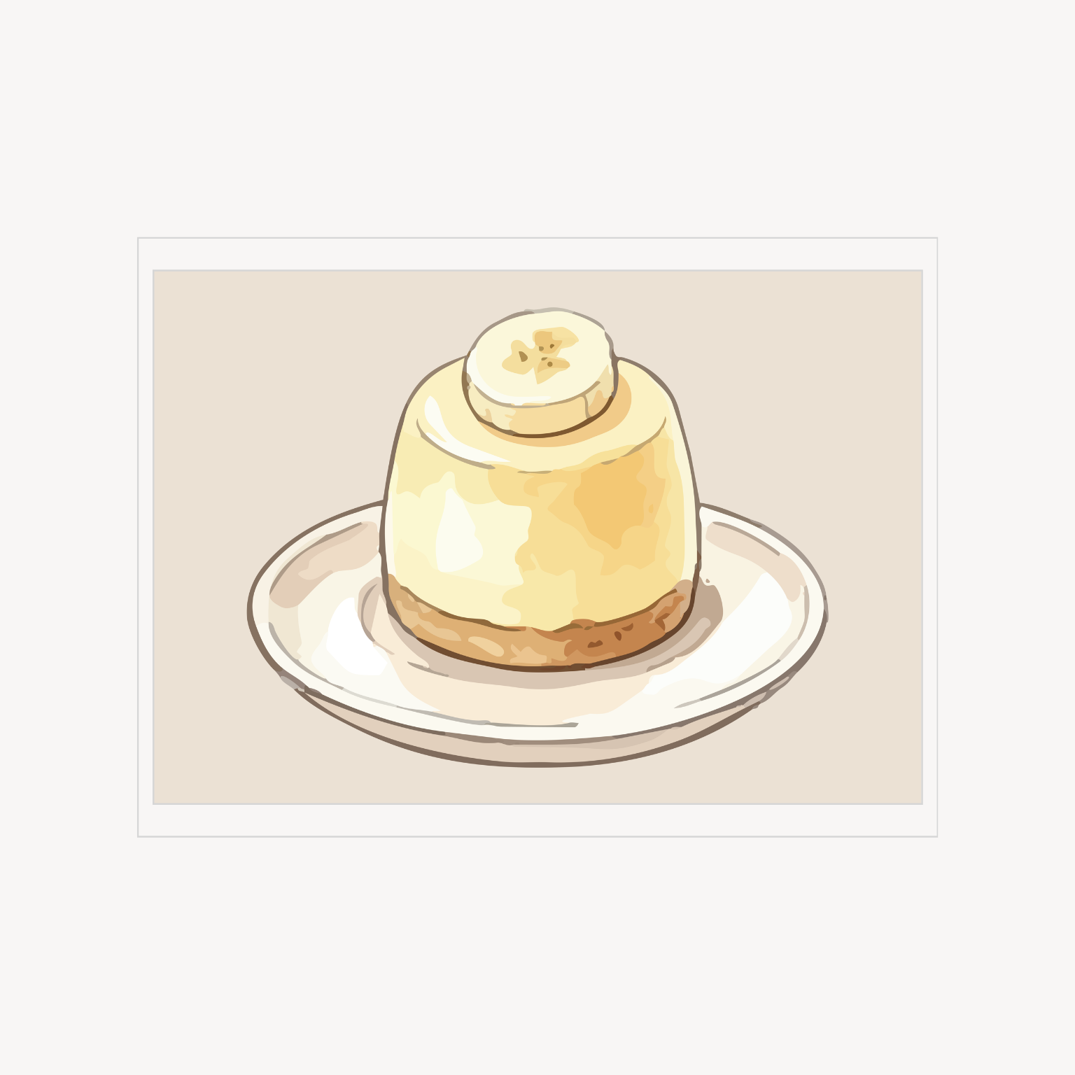 Minimal still life print of a small cheesecake dessert on a white plate.