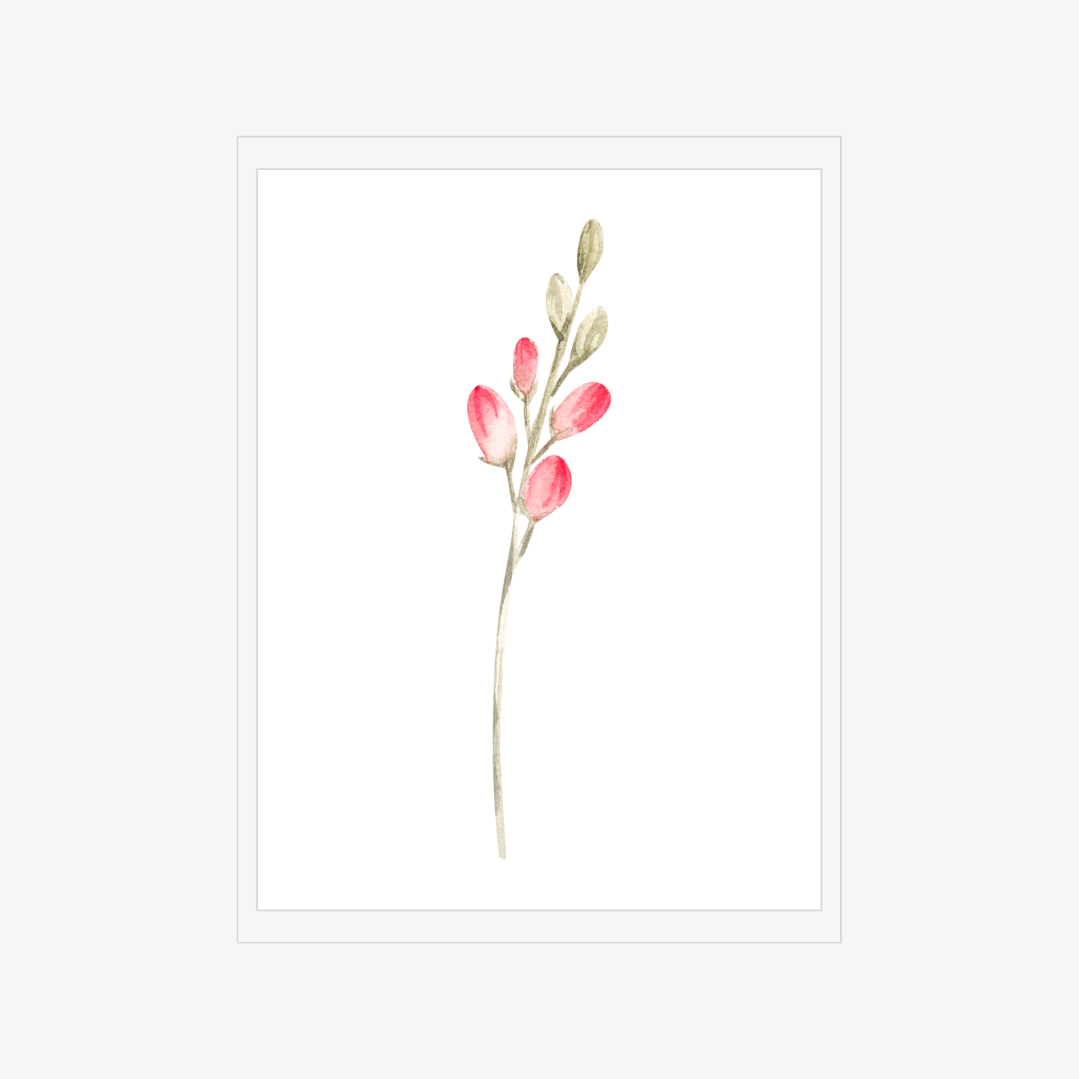 Minimal botanical print featuring small pink blossoms on a slender pale stem.