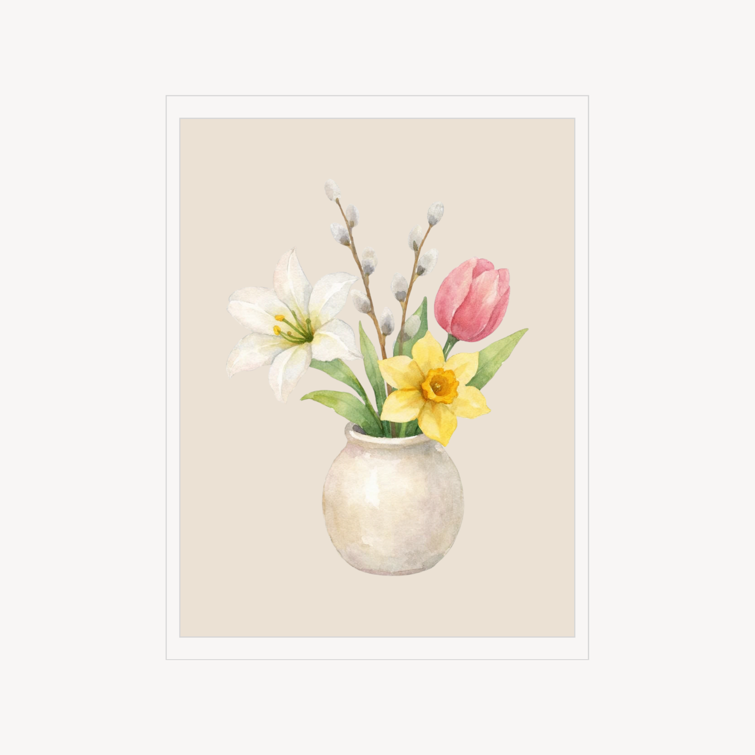 Minimal still life print of spring flowers in a rounded beige vase on a soft neutral background.