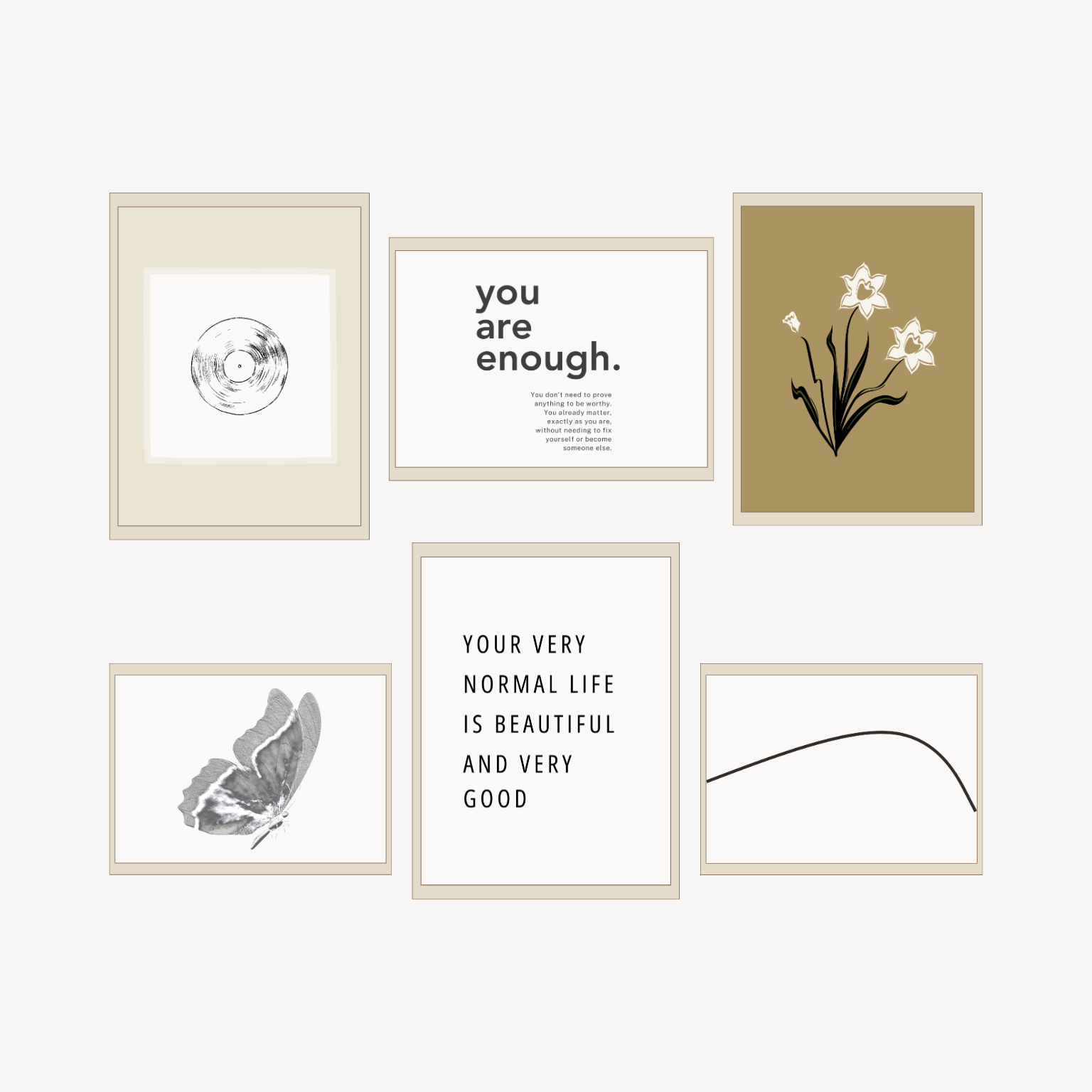 Six framed prints from The Very Good Print Series shown together in a gallery-style layout.