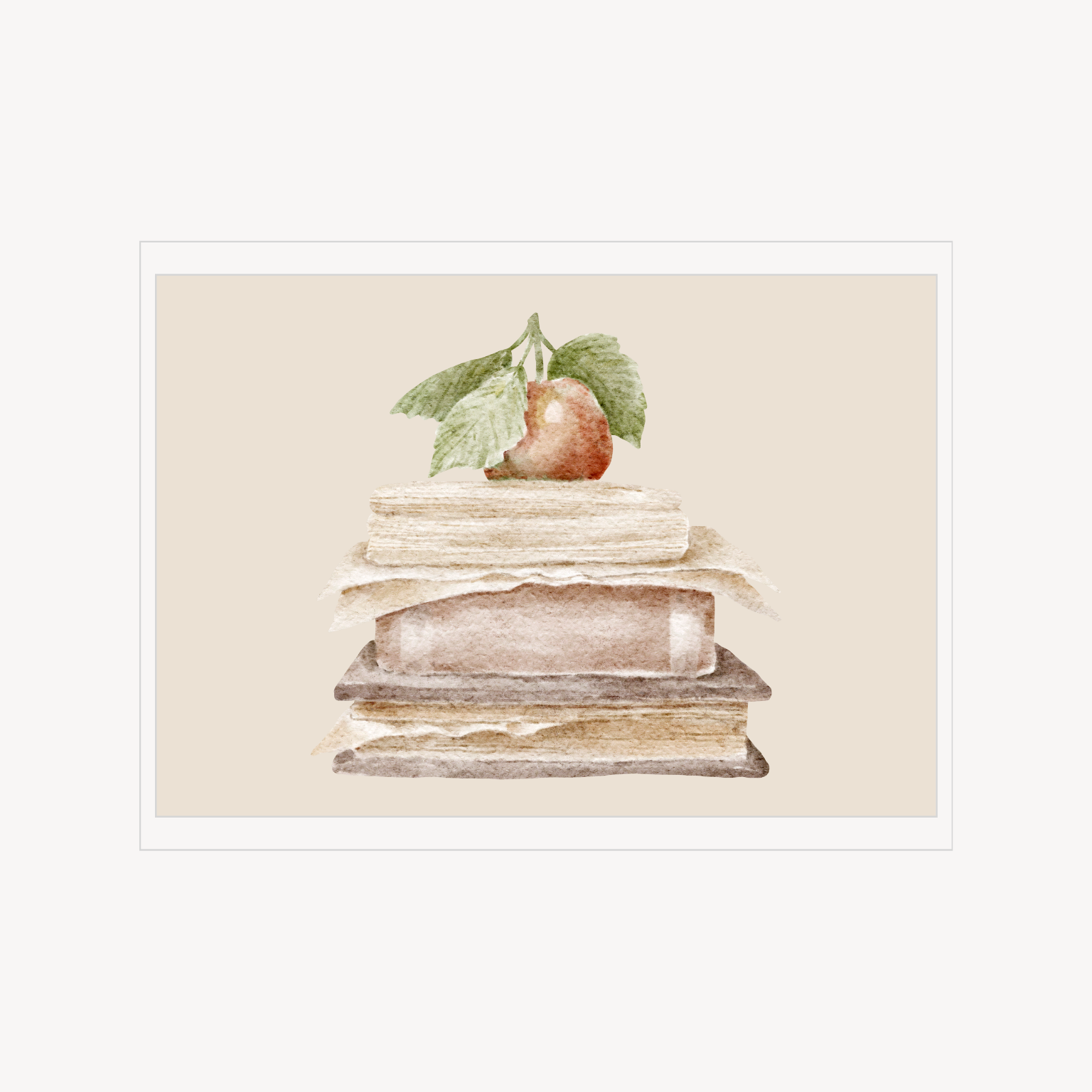 Minimal still life print of a small pear resting on a stack of worn books.