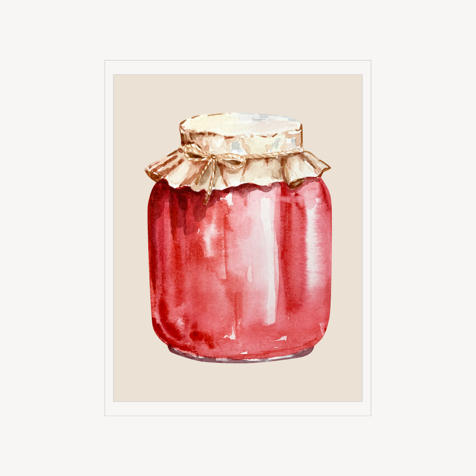 Minimal still life print of a red jam jar with a fabric-covered lid on a soft neutral background.