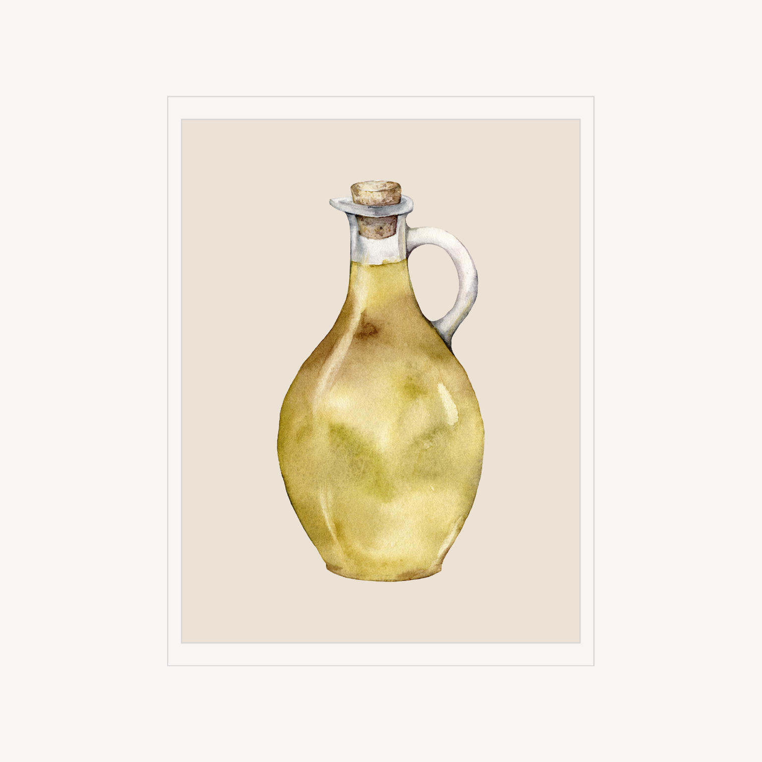 Minimal still life print of a golden glass bottle with a handle and cork stopper on a soft neutral background.