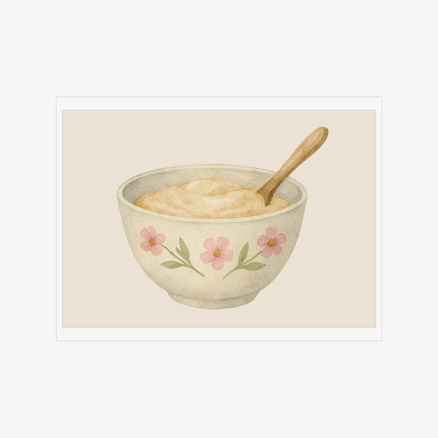 Minimal still life print of a cream bowl with pink flowers and a wooden spoon.