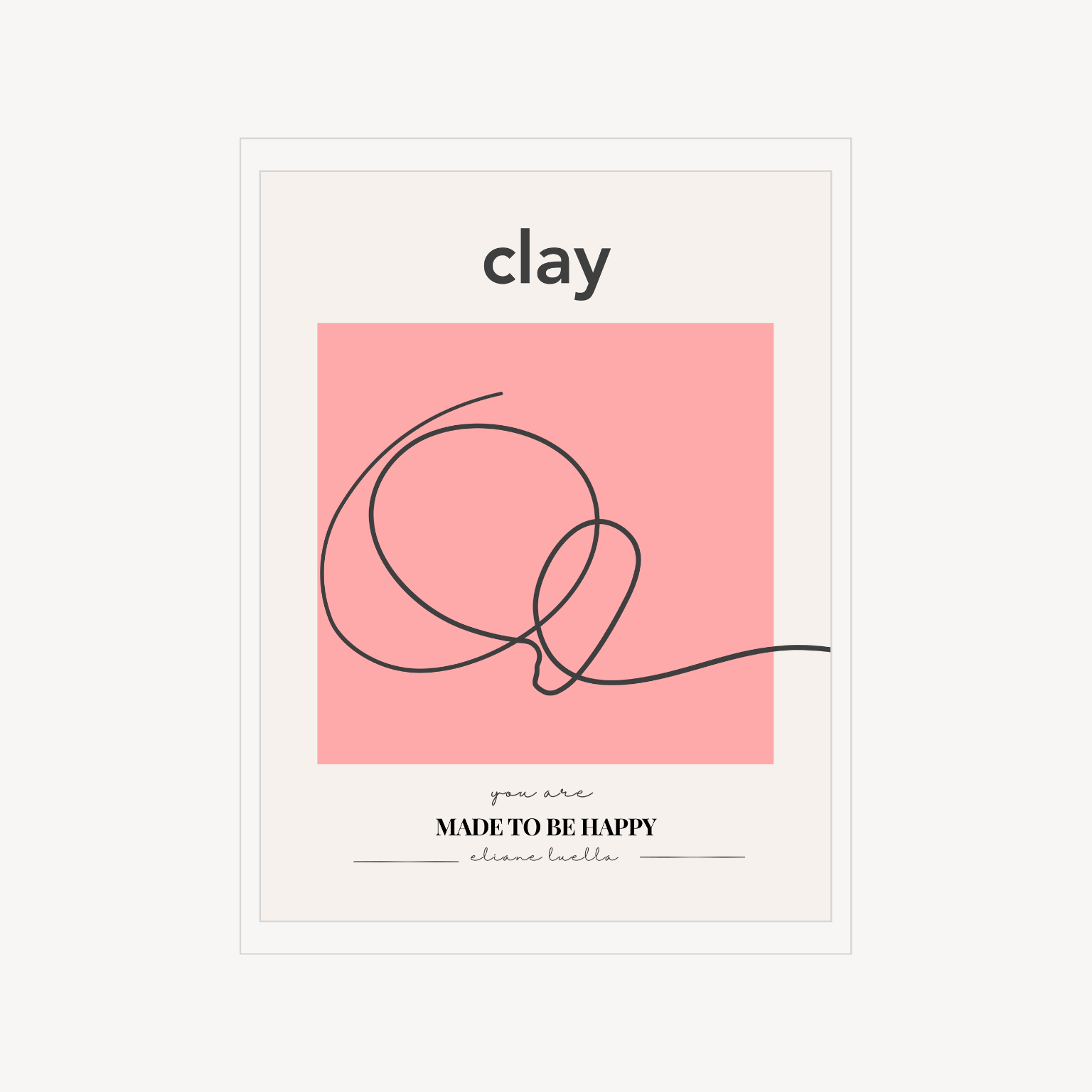 Minimal art print with a pink square, abstract black line drawing, and the word “clay” above.