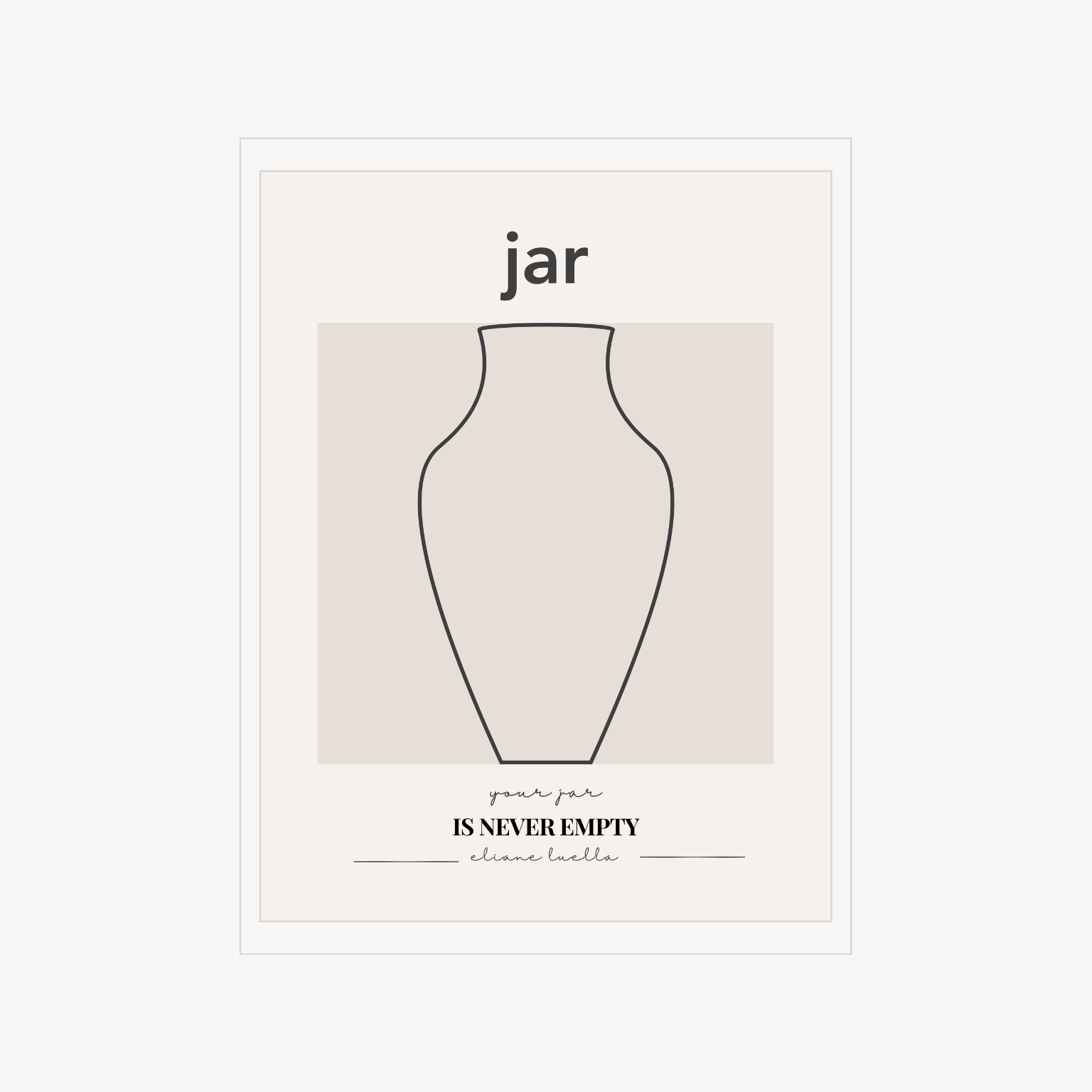 Minimal art print with a simple jar outline, soft neutral block background, and the word “jar” above.