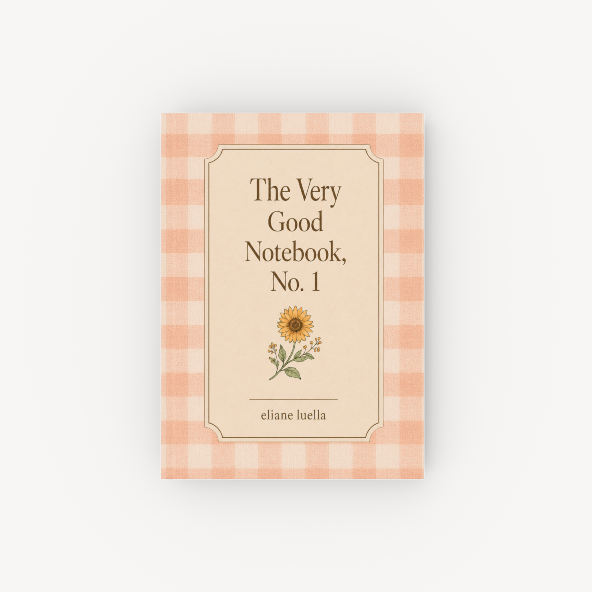 Peach gingham hardcover notebook with a vintage label and sunflower illustration.
