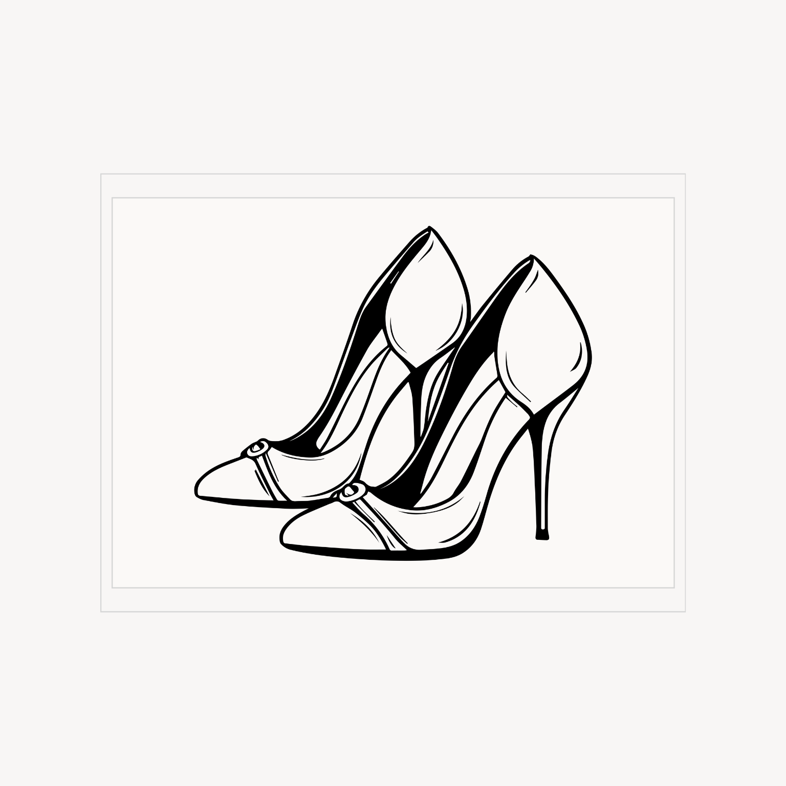 Minimal editorial print of a pair of pointed high heels, drawn in black line art on a white background.