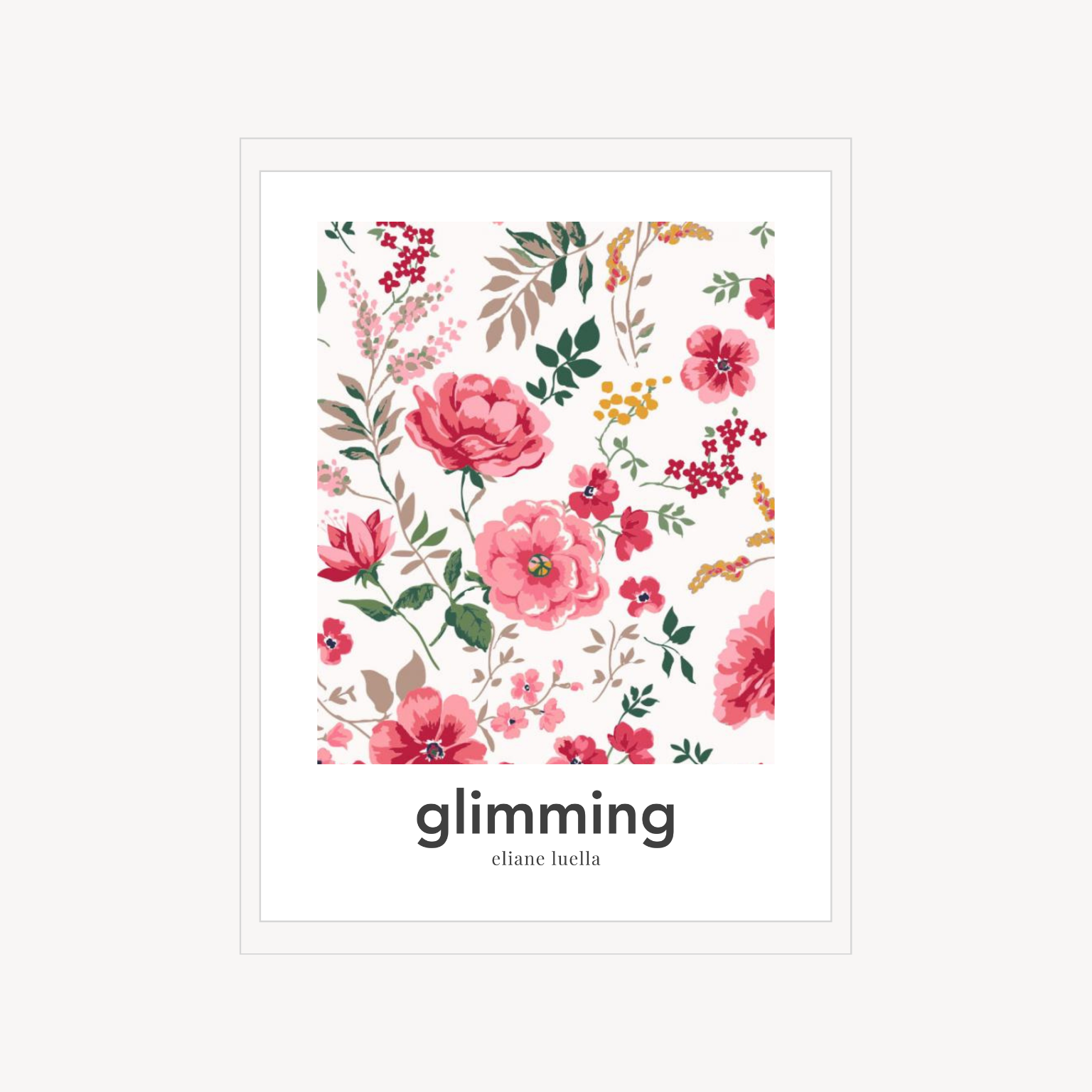 Minimal floral print with a dense pattern of pink and coral flowers and the word “glimming” below.