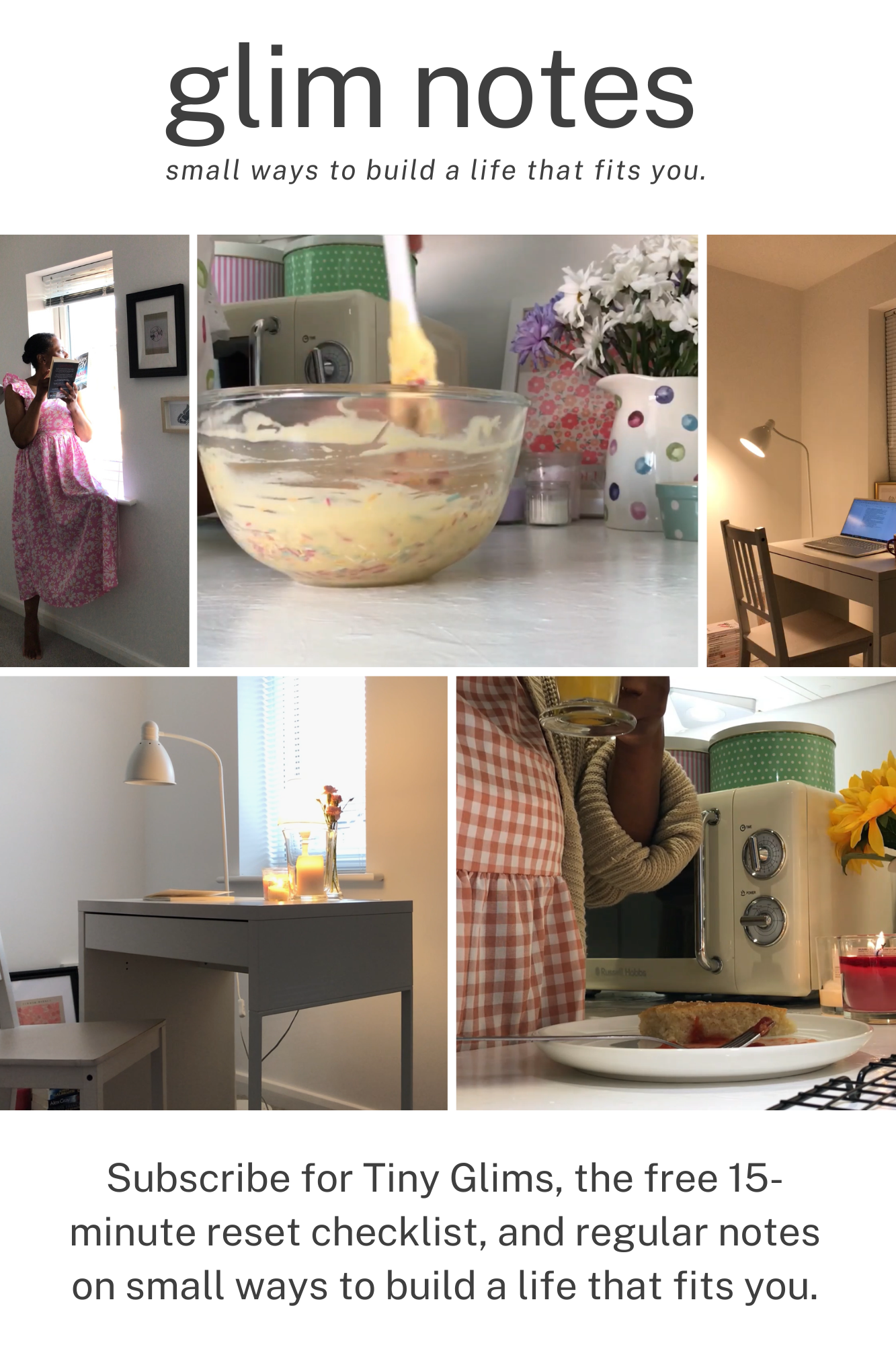 Glim Notes newsletter preview with a collage of home scenes and an invitation to get Tiny Glims, a free 15-minute reset checklist.