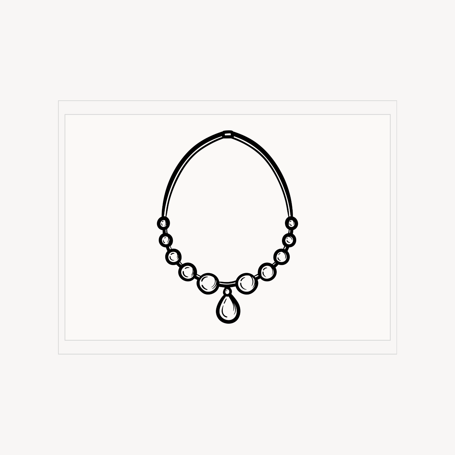Minimal editorial print of a beaded necklace with a teardrop pendant, drawn in black line art on a white background.