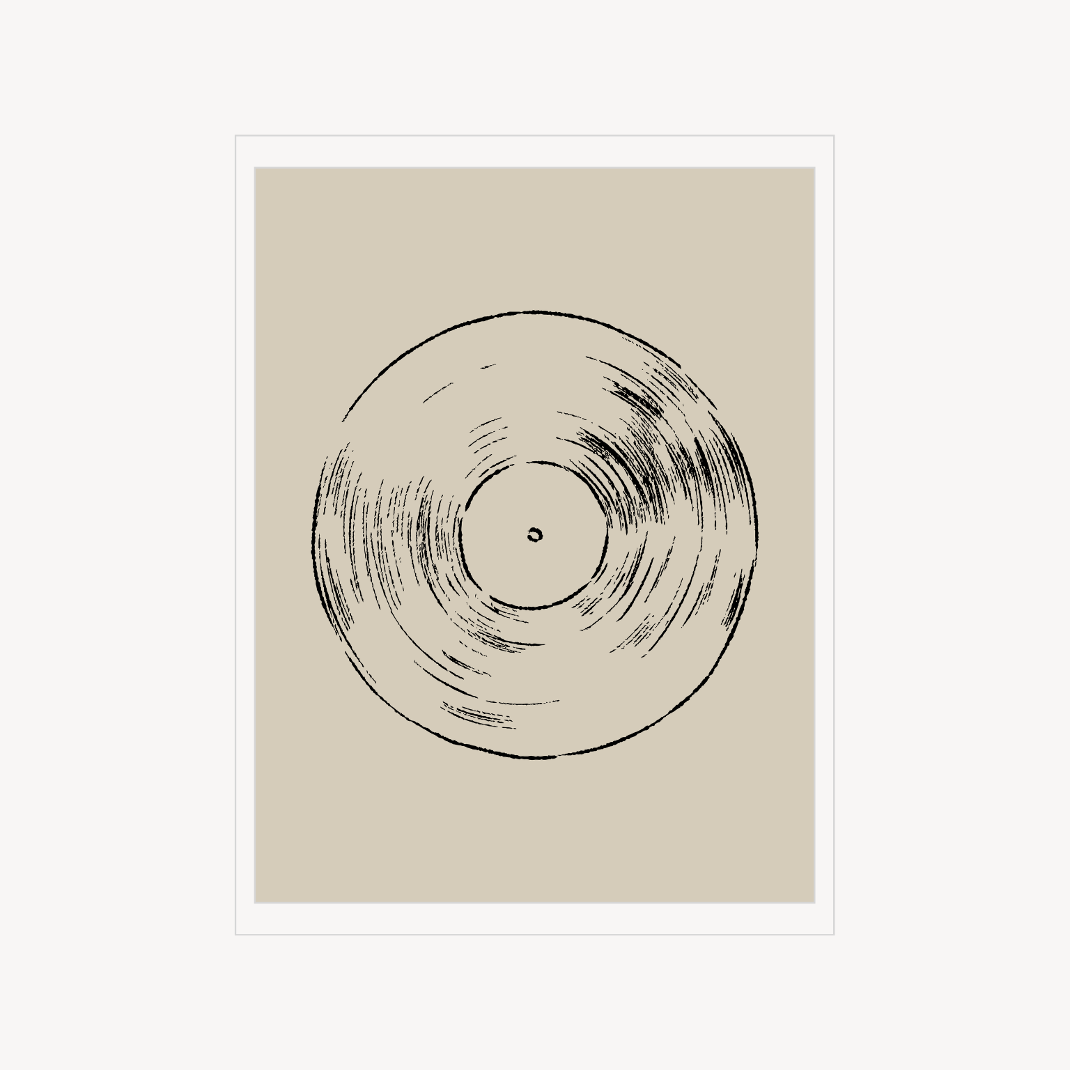 Minimal art print featuring a black line drawing of a vinyl record on a warm beige background.