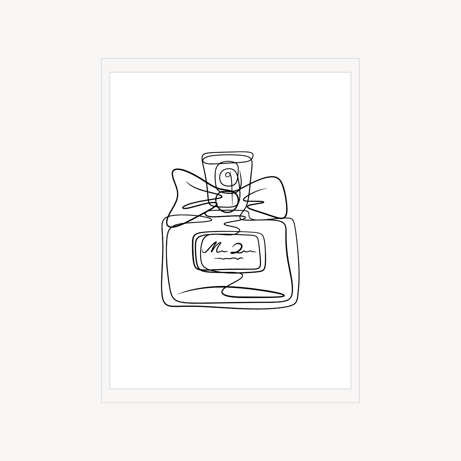 Minimal editorial print of a perfume bottle with a bow, drawn in black line art on a white background.