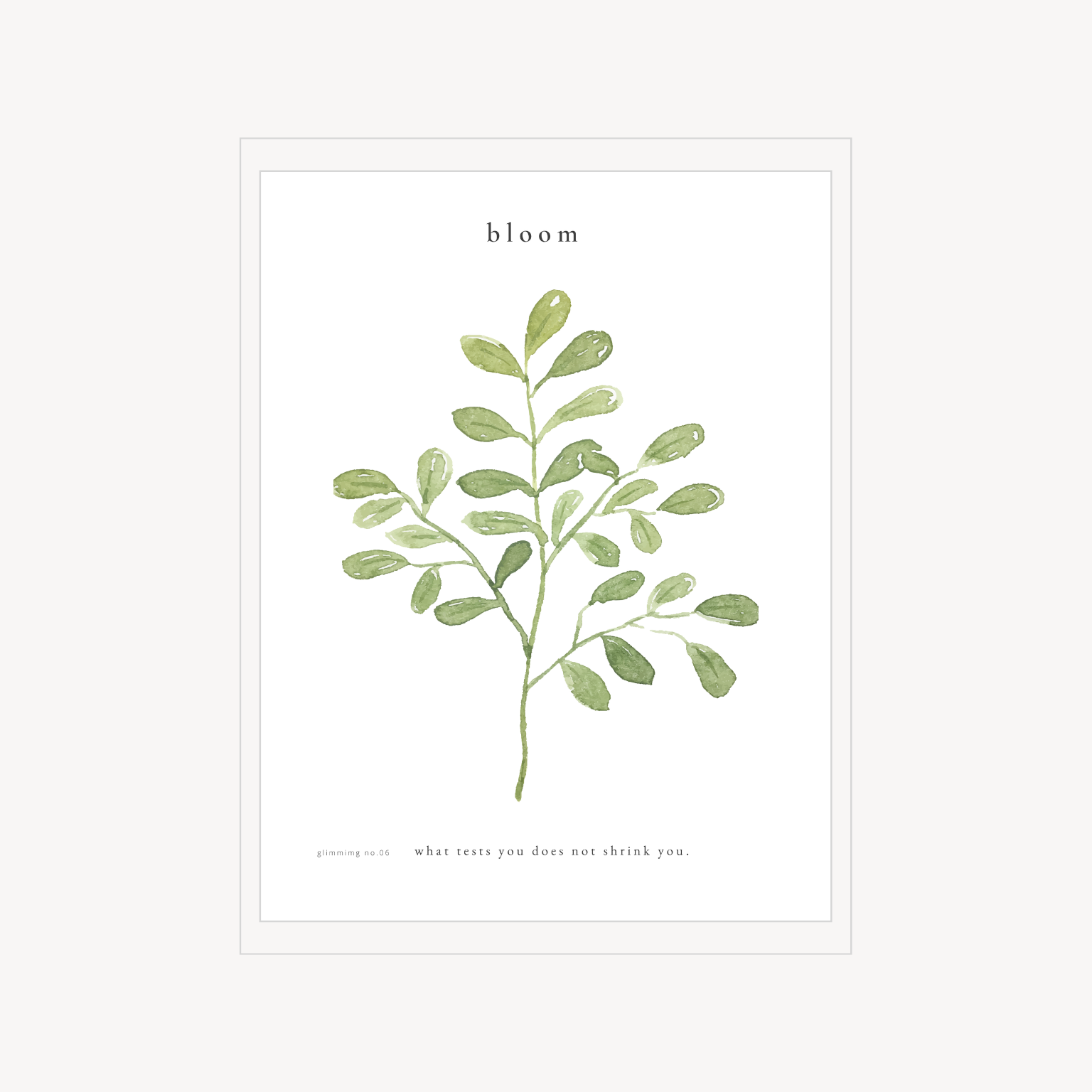 Minimal botanical print with a leafy green stem and the word “bloom” above.